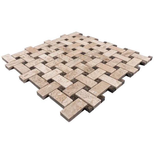 Angled view of polished Royal Beige marble basketweave mosaic tile sheet with interlocking rectangular design.