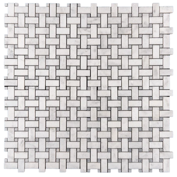 Perspective shot of gray honed basketweave mosaic tile emphasizing its intricate design and texture.