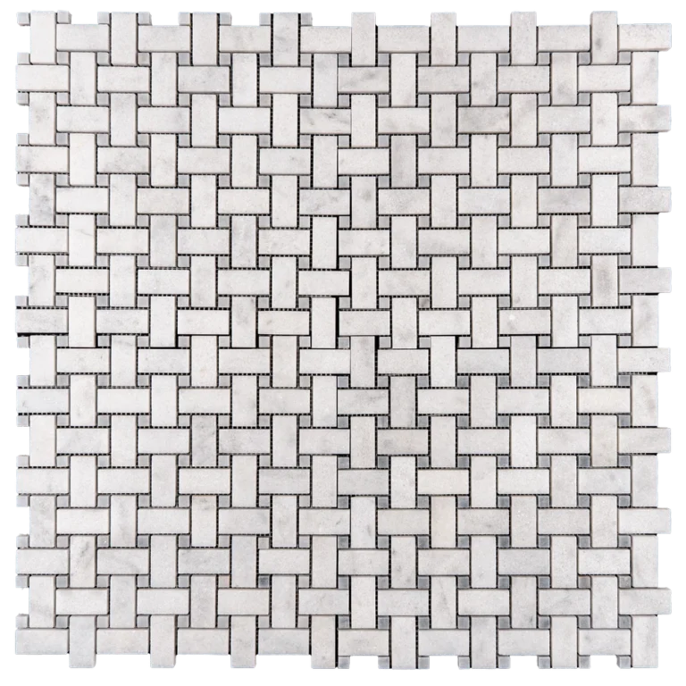 Perspective shot of gray honed basketweave mosaic tile emphasizing its intricate design and texture.