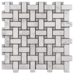 Gray honed marble basketweave mosaic tile in an interlocking grid pattern.