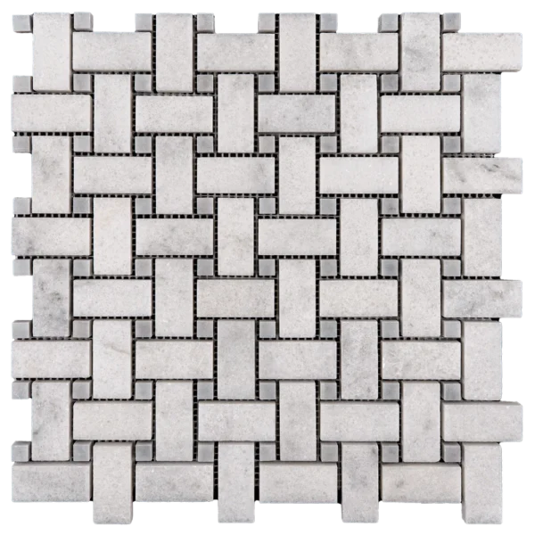 Gray honed marble basketweave mosaic tile in an interlocking grid pattern.