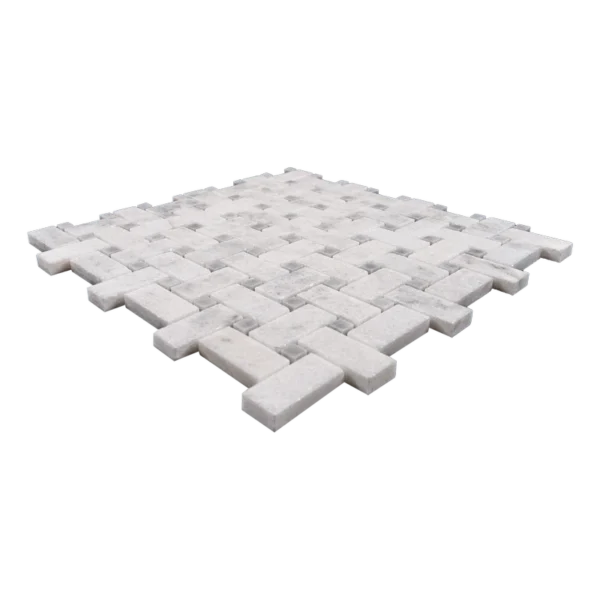 Close-up view of a gray honed basketweave mosaic tile sheet showing smooth rectangular shapes.