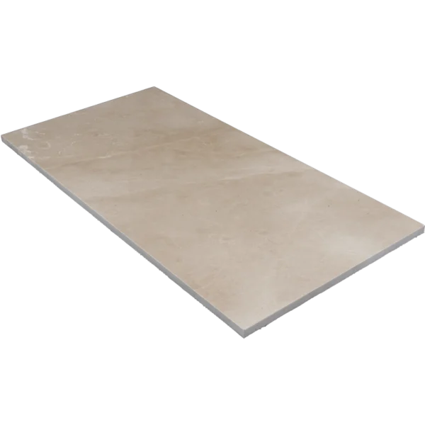 Angled view of Botticino 12x24 polished marble tile displaying smooth surface and soft beige coloring