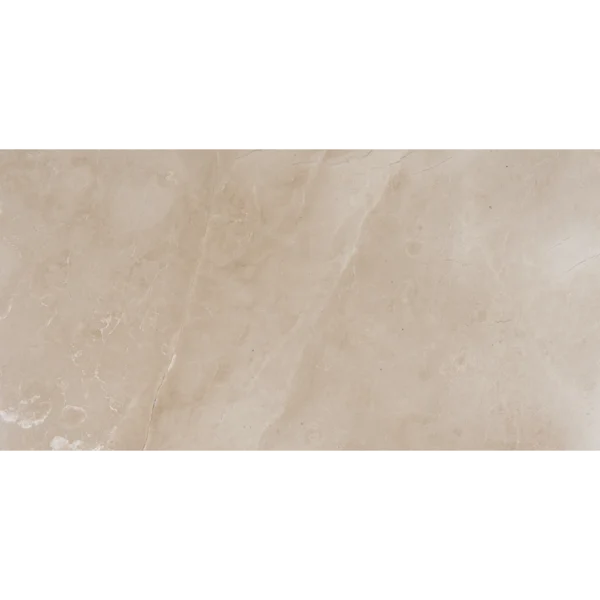 Flat view of Botticino beige polished marble tile in 12x24 size showing creamy base and linear veining