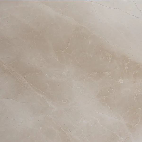 Overhead view of a square Botticino marble tile in polished beige with soft veining.
