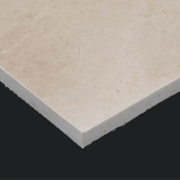 Macro detail showing edge thickness and surface texture of Botticino beige marble tile.