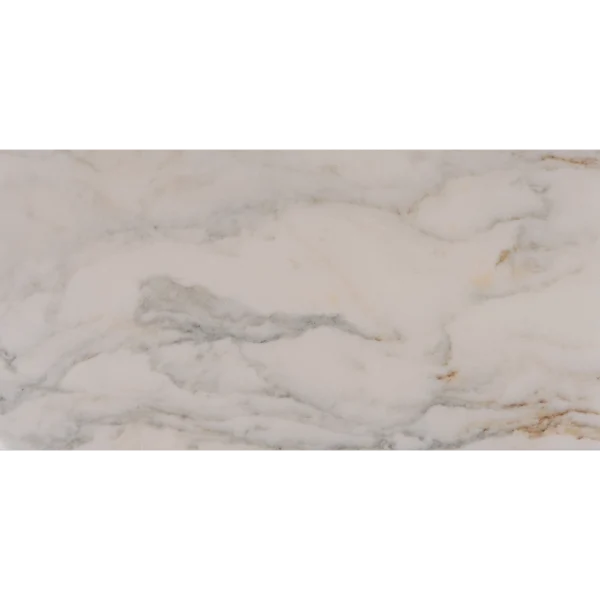 Front-facing Calacatta 12x24 polished and beveled marble tile featuring flowing beige, grey and gold veining on a soft white background.
