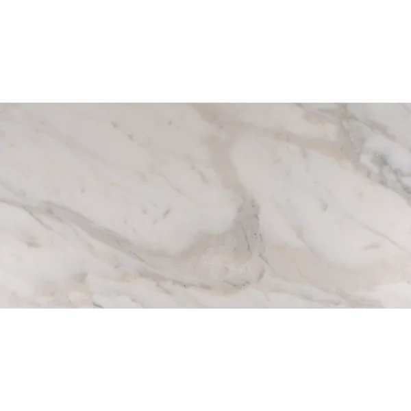 Large-format Calacatta tile 18x36 honed beveled – creamy white surface with sweeping veining