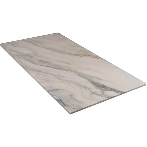Calacatta marble tile in honed finish with beveled edge, displayed in angled perspective showing subtle veining