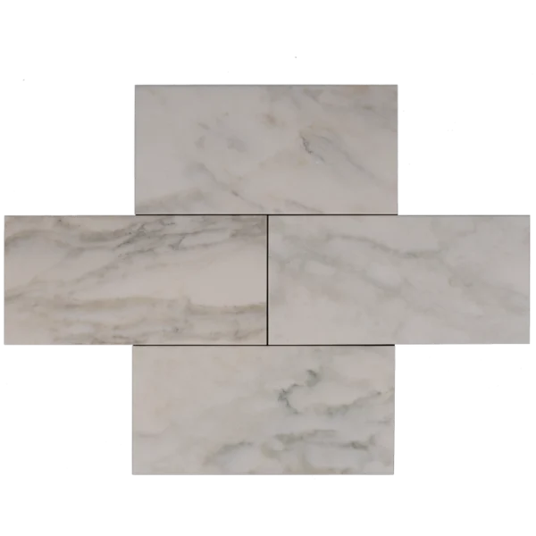 Layout of polished 6x12 Calacatta marble tiles with soft golden and grey veining
