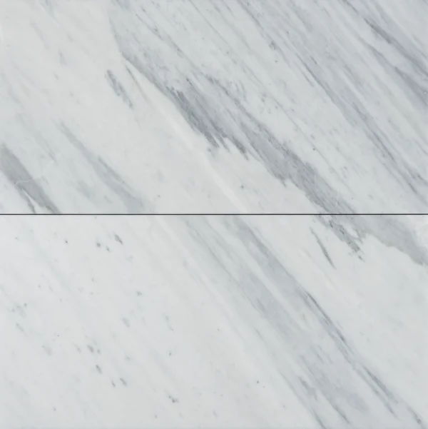 Close-up top view of two Carrara honed marble tiles showcasing soft white background and diagonal icy gray veining.