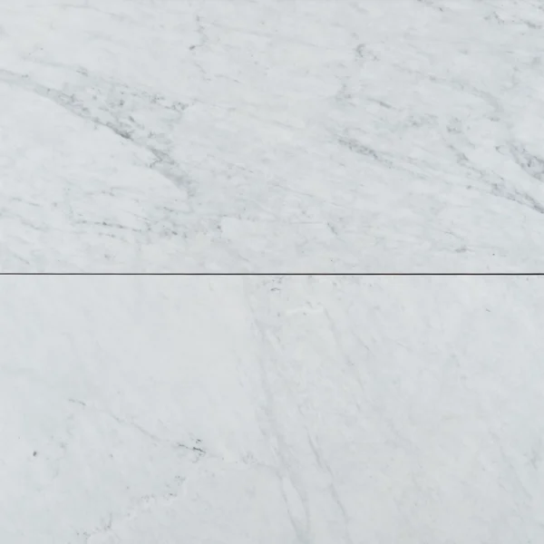 Polished Carrara marble tile in 12"x24" size with soft white base and delicate gray veining, shown from a top-down view.