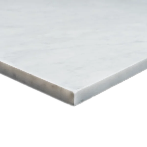 Close-up corner view of the Carrara tile, emphasizing its beveled edge and honed marble surface.