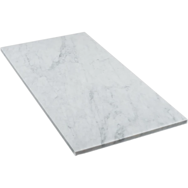 Angled view of the 18"x36" Carrara honed marble tile, displaying its clean lines and natural stone pattern.