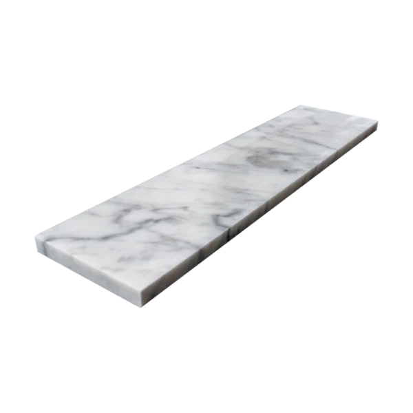 Side angle of Carrara marble 3x12 tile showcasing polished finish and thickness