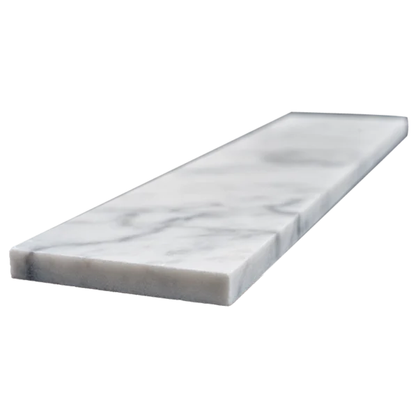 Perspective view of Carrara marble 3x12 tile highlighting white base and linear veining