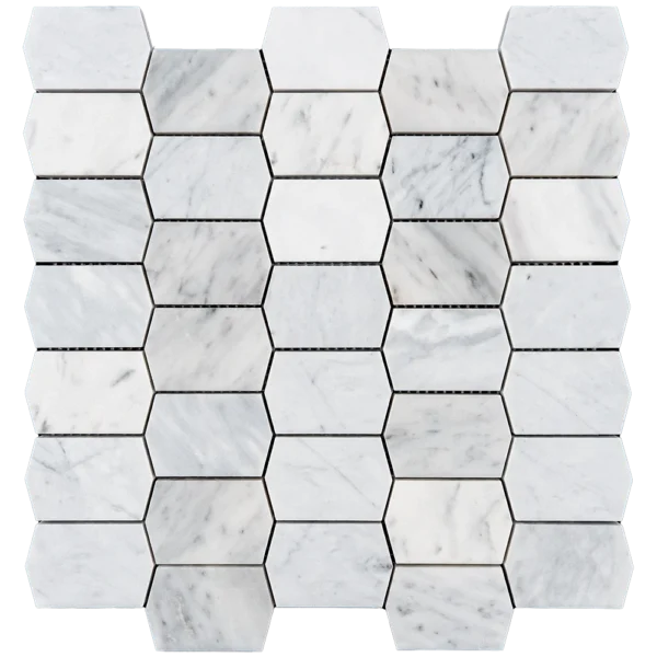 Detail view of Carrara White Picket Polished Marble Mosaic Tile with natural veining