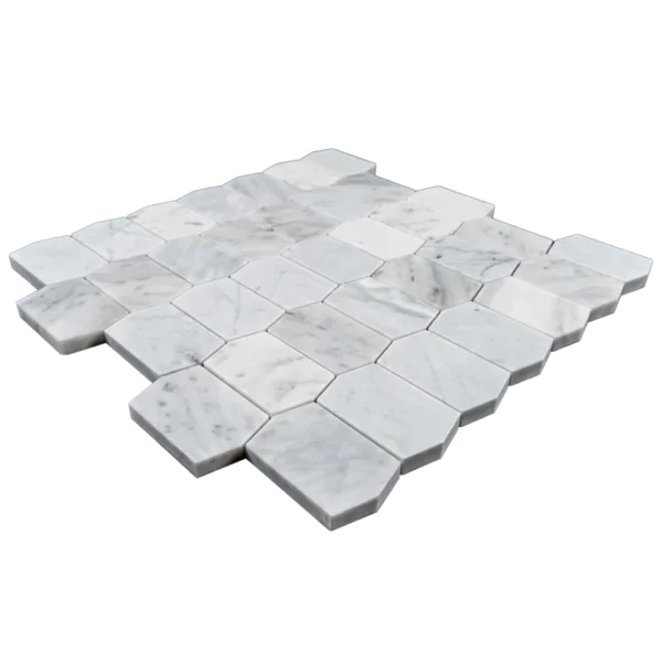 Close-up of Carrara White Picket Polished Marble Mosaic Tile texture and pattern