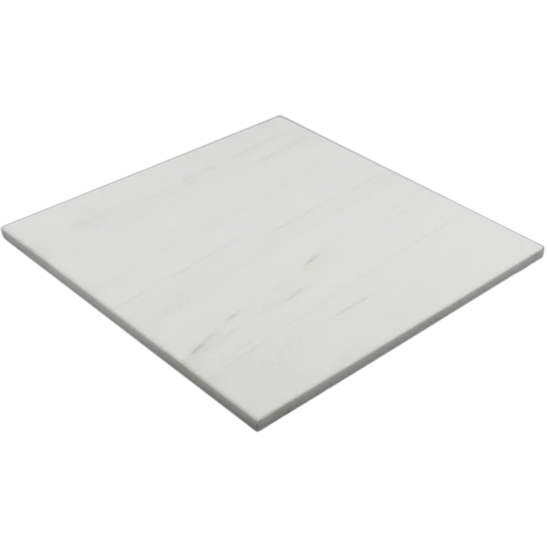 Angled perspective of a square Dolomite 12x12 polished tile highlighting its thickness and smooth surface finish.