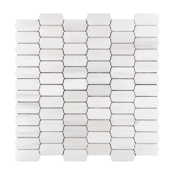 White dolomite mosaic tile with a subtle rectangular shape and softly beveled edges arranged in a horizontal stack.