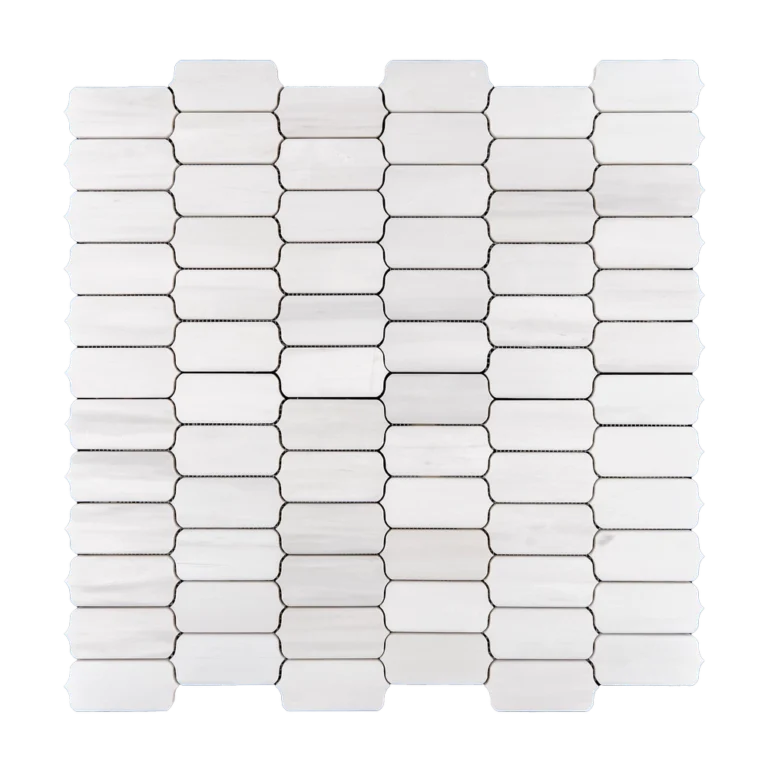 White dolomite mosaic tile with a subtle rectangular shape and softly beveled edges arranged in a horizontal stack.