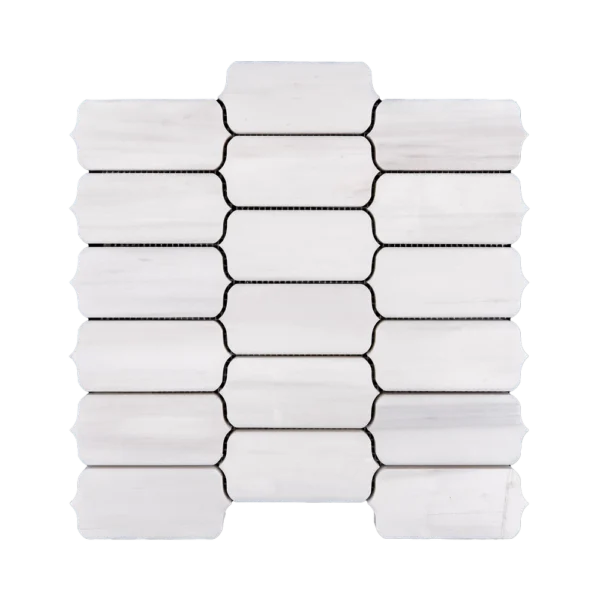 A white dolomite mosaic tile with a consistent rectangular pattern, neatly aligned in rows with slight variations in shading.