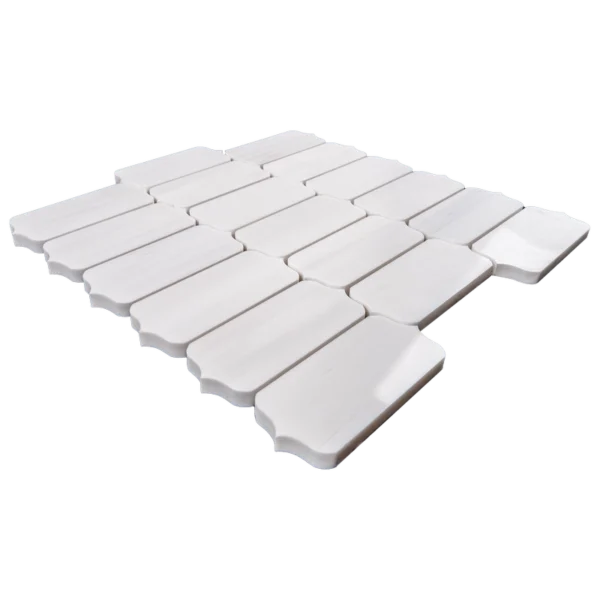 A close-up view of white dolomite mosaic tiles arranged horizontally, showcasing the smooth surface and natural veining.