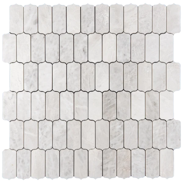 Top view of a Dorema Dolomite marble mosaic sheet featuring rectangular tiles with curved edges arranged in a brick-like pattern. The tiles have subtle icy veining on a light grayish background.