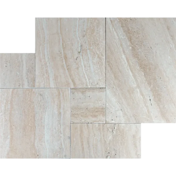 Desert Bloom beige tumbled travertine French Pattern tile set for outdoor use