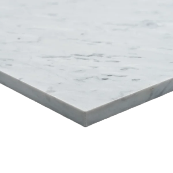 Detail view of the Eterna Bianco tile's corner, emphasizing the honed finish and fine edge craftsmanship.