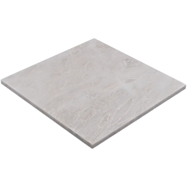Angled view of the 12"x12" polished Iceberg marble tile with beveled edges, highlighting reflective finish and natural patterns.