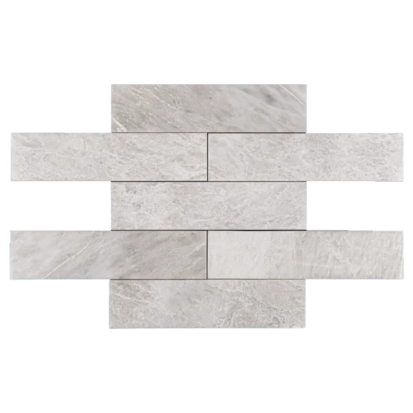 Iceberg marble tile 3x12 displayed in a stacked layout with a honed finish and soft white veining.