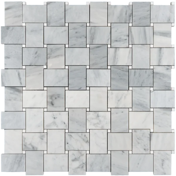 Polished Carrara marble large basketweave mosaic tile featuring interlocking rectangular pieces with a luxurious, glossy finish.
