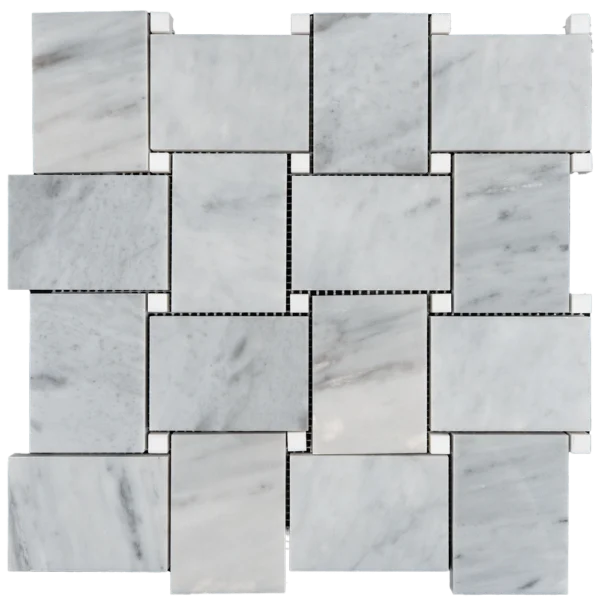Close-up of Carrara marble basketweave mosaic tile sheet in polished finish, highlighting the intricate weaving pattern and high-quality craftsmanship.