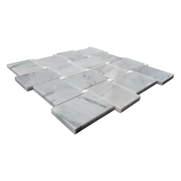 erspective view of polished Carrara marble basketweave mosaic tile sheet, capturing the smooth, reflective surface and timeless elegance.