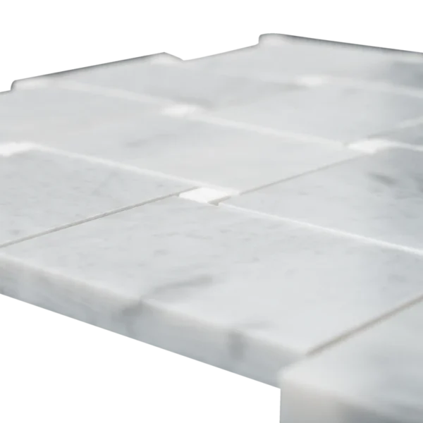 Close-up of Carrara marble basketweave mosaic tile sheet in polished finish, highlighting the intricate weaving pattern and high-quality craftsmanship.