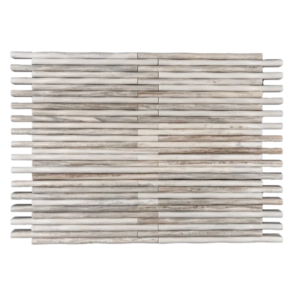 Lilium Palissandro Polished Mosaic Tile featuring dimensional linear rods in warm gray and beige tones with a smooth, refined finish.