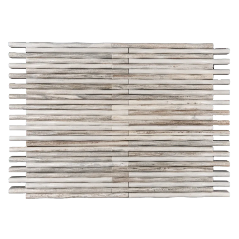 Lilium Palissandro Polished Mosaic Tile featuring dimensional linear rods in warm gray and beige tones with a smooth, refined finish.
