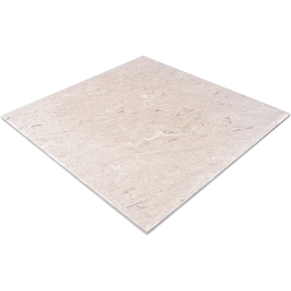 Angled view of Myra Beige honed limestone tile in 24x24 size showing smooth matte surface and uniform edges