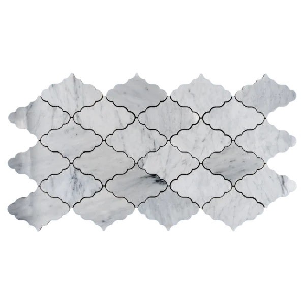 Overhead view of OLEA marble mosaic tile sheet in white Carrara, showing symmetrical interlocking design.