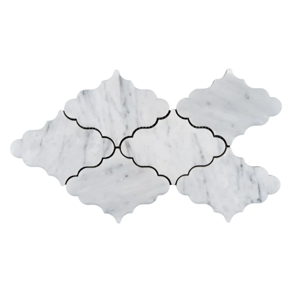 Close-up view of OLEA marble mosaic tile sheet in white Carrara with polished surface and smooth curved shapes.