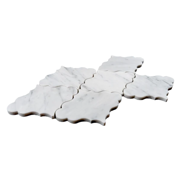 Perspective view of OLEA marble mosaic tile sheet in white Carrara with smooth surface and elegant curved shapes.