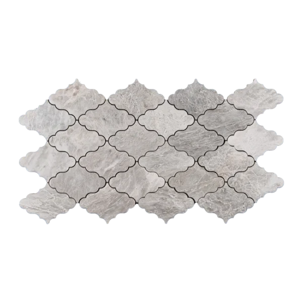White Iceberg marble mosaic tile sheet with an arabesque pattern, featuring subtle veining and smooth polished finish.