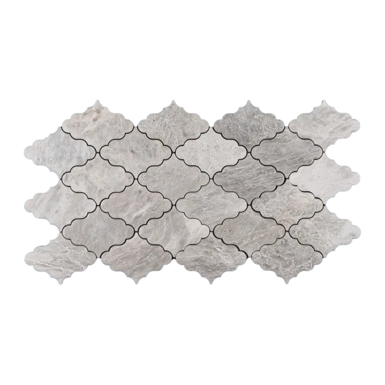 White Iceberg marble mosaic tile sheet with an arabesque pattern, featuring subtle veining and smooth polished finish.