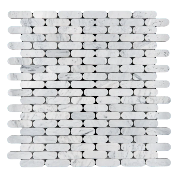 Polished Carrara marble Petit Beurre mosaic tile sheet featuring rectangular pieces arranged in a modern pattern.