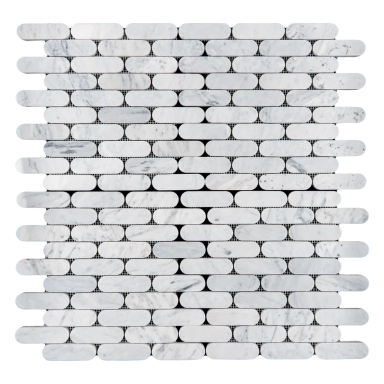 Polished Carrara marble Petit Beurre mosaic tile sheet featuring rectangular pieces arranged in a modern pattern.