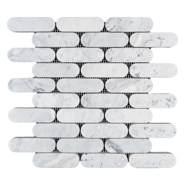 Close-up of Petit Beurre polished Carrara marble mosaic tile, highlighting its glossy finish and delicate gray veining.
