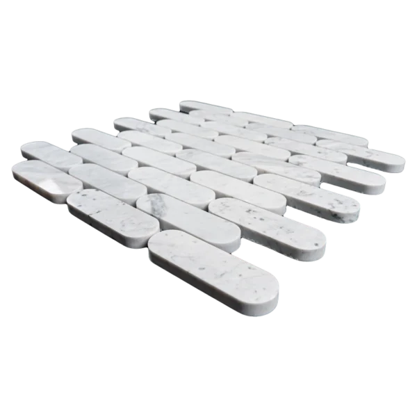 Angled view of Petit Beurre polished Carrara marble mosaic tile sheet featuring an interlocking pattern of rectangular pieces.