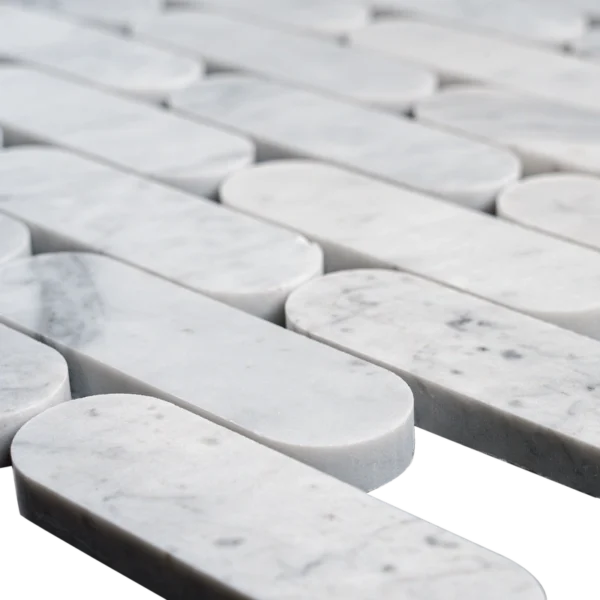 Detailed image of Petit Beurre Carrara polished marble mosaic tile showcasing its bright white background and luxurious design.