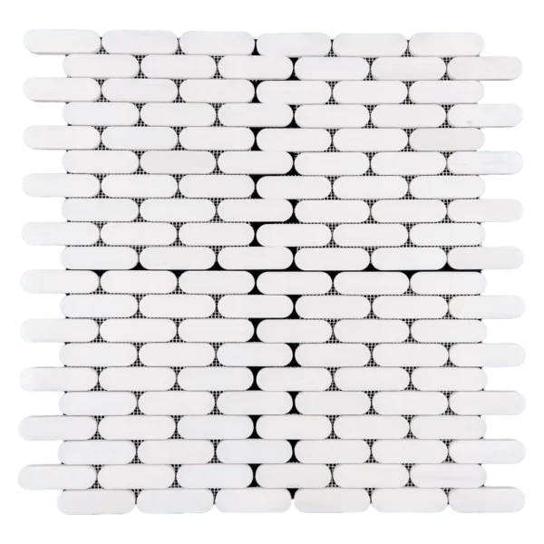 Polished Dolomite Petit Beurre mosaic tile sheet with small rectangular pieces in a white and subtle gray tone.